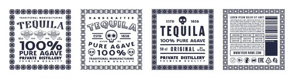 Set Plantilla Etiqueta Decorativa Para Tequila Tipografía Con Marco Ornamental — Archivo Imágenes Vectoriales