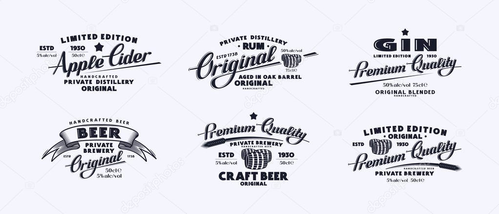 Set of template label for beer, cider, gin and rum. Design with lettering. Vector illustration. Black print on white background