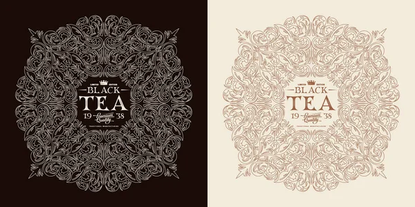 Vorlage Dekoratives Etikett Für Schwarzen Tee Typografie Mit Ornamentalem Rahmen — Stockvektor