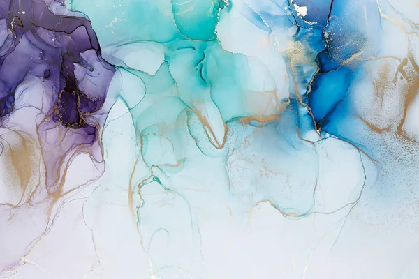 Abstracte Hand Geschilderde Alcohol Inkt Textuur Indigo Groen Blauw Goud — Stockfoto