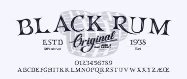 Klasik şekilde dekoratif serif yazı tipi. Logo ve manşet tasarımı için harfler ve numaralar. Vektör illüstrasyonu