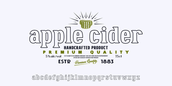 Decorative hollow serif font. Template label for apple cider. Lowercase letters for logo and headline design. Vector illustration