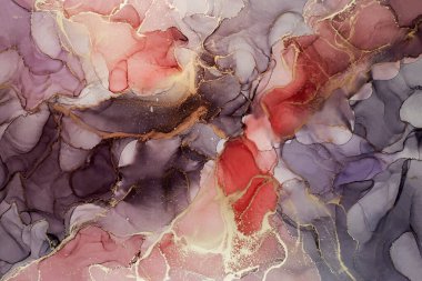 Soyut el boyası alkol mürekkebi dokusu. Kırmızı, çivit ve altın rengi. Tasarımınız için yaratıcı arkaplan