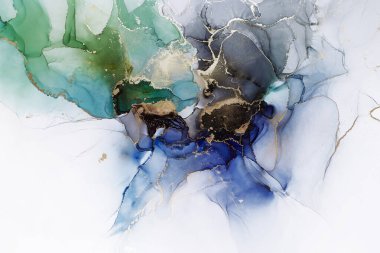 Soyut el boyası, mürekkep dokusunda belirgin bir sıçrama. Yeşil, mavi, siyah, altın ve beyaz renkler. Tasarımınız için yaratıcı arkaplan