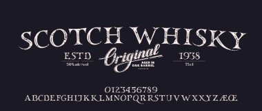 Klasik şekilde dekoratif serif yazı tipi. Logo ve manşet tasarımı için klasik desenli harfler ve numaralar. Vektör çizimi. Siyah arkaplanda beyaz baskı