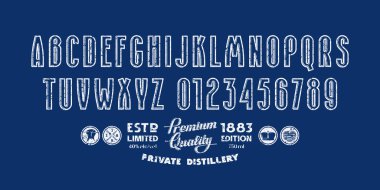 Dekoratif oyuk serif yazı tipi yok. Logo ve amblem tasarımı için klasik desenli harfler ve numaralar. Vektör illüstrasyonu