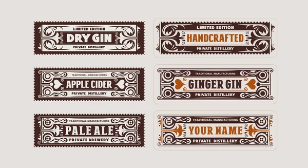 Set Plantilla Decorativa Pequeña Etiqueta Rectangular Para Cerveza Sidra Ginebra — Archivo Imágenes Vectoriales