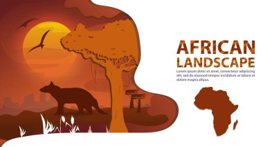 Kesik kağıt tarzında Afrika manzarası, tasarım için, firavun faresi günbatımının arka planında bir ağacın yanında duruyor.