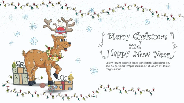 Рождественская Новогодняя Иллюстрация Дизайну Надпись Поздравления Рамке Рождественский Олень Шляпе — стоковый вектор