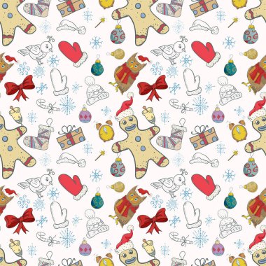 Noel ve yeni yıl tasarımı için kusursuz desenli çizimler, oyuncaklar ve kar taneleri arasında zencefilli çörek adam