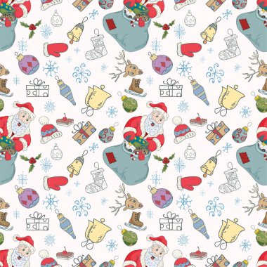 Dekorasyon, ambalaj ambalajı, Noel Baba ve Noel süslemeleri arasında hediye dolu bir çanta.