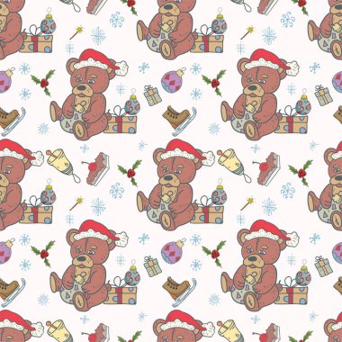 Noel ve Yeni Yıl tasarımı için kusursuz desenli bir çizim. Noel Baba şapkalı bir oyuncak ayı hediye kutusunun yanında oturuyor.