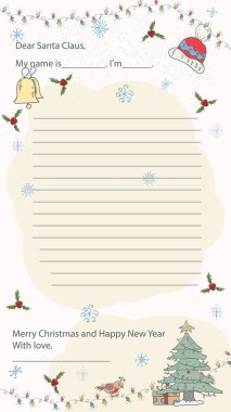 Noel Baba için Noel ve Yeni Yıl örnekleri, metin için bir satır, çelenkler ve kutsal yapraklar arasında şenlikli bir köknar ağacı
