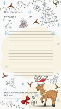 Noel Baba için hazır bir Noel ve yeni yıl örnek mektup düzeni, metin için bir satır, hediyeler ve kar taneleri arasında kırmızı şapkalı bir geyik