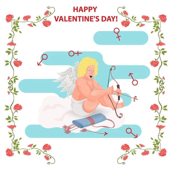 Иллюстрация Плоском Стиле Празднику Дня Святого Валентина Рамке Цветов Купидон — стоковый вектор
