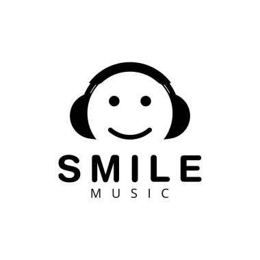Kulaklıklar ve mutlu gülümseme müzik logosu.