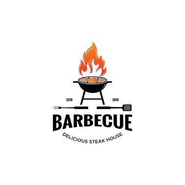 Klasik hipster Grill Barbekü Davetiyesi barbekü bbq çapraz çatal spatula ve ateş alev logosu tasarımı