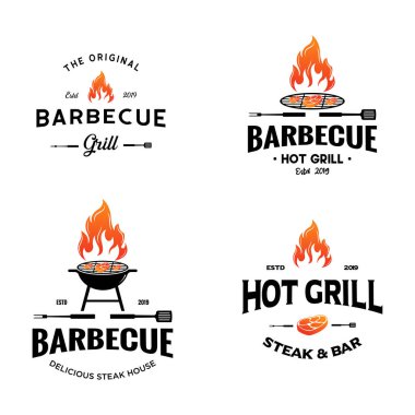 Barbekü ve Et Logosu seti. Barbekü amblemi. Restoran etiketi, amblem, logo. Vektör logo şablonu