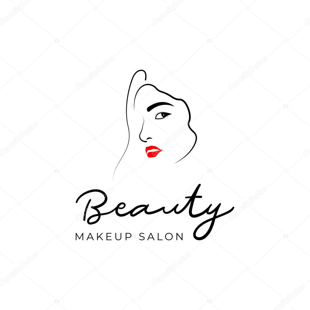 Beauty salon design. Portrait of pretty young woman with long beautiful eyelashes and splendid curly hair. Vector illustration