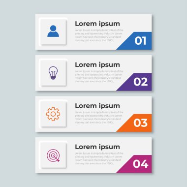 Simgeli ve 4 seçenekli Vector Infographic etiket tasarım şablonu. İşlem şeması, sunumlar, iş akışı düzeni, afiş, akış şeması, bilgi grafiği için kullanılabilir.