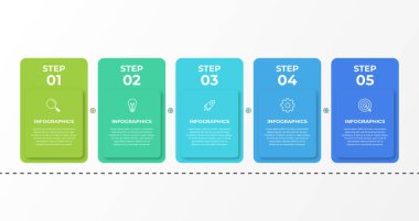 Simgeli kare şablon tasarımı ve 5 seçenek ya da adımlı ticari bilgi-ince çizgi süreci. Vektör illüstrasyonu