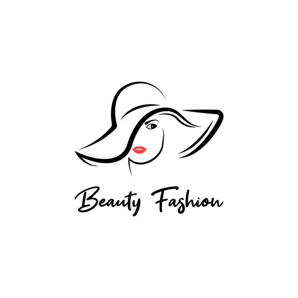Beautiful Silhouette Outline Female Head Hat Stylish Logo Girl Red — Stock Vector