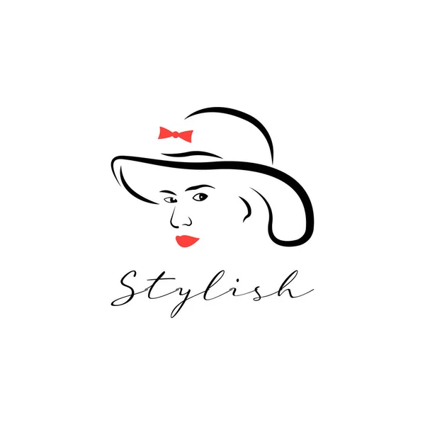 Hermosa Silueta Contorno Cabeza Femenina Sombrero Elegante Logo Chica Con — Archivo Imágenes Vectoriales