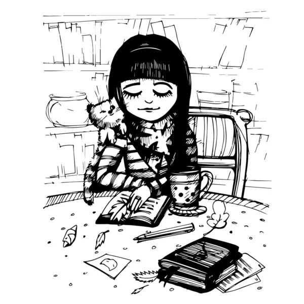 Vector sketch. Girl reading a book. — Stock Vector