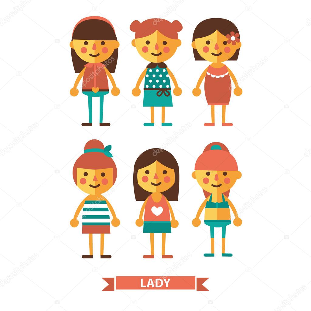 Set of girls characters. Lady. Flat icons.
