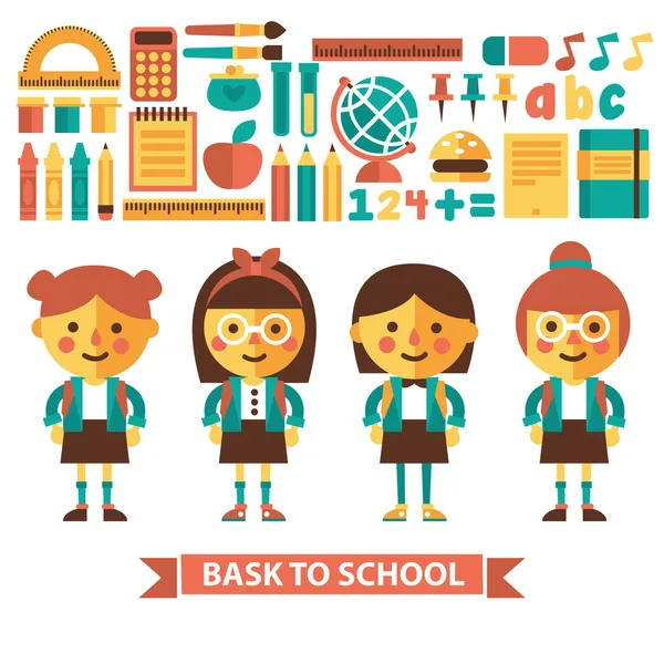 Set of icons and characters on a school theme. Flat design. Vector. — Stock Vector