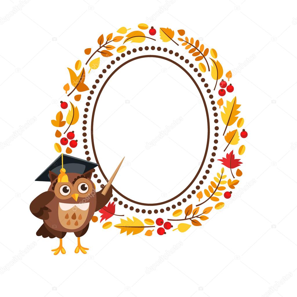 Character owl with frame of autumn leaves.