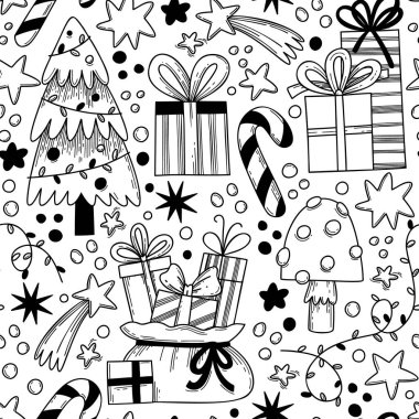 Hediye kutuları, yıldızlar, baston şekerler ve kartaneleri karalama tarzında olan şenlik desenleri. Şenlik temalı kusursuz bir geçmiş, Yeni Yıl, Noel, doğum günü.