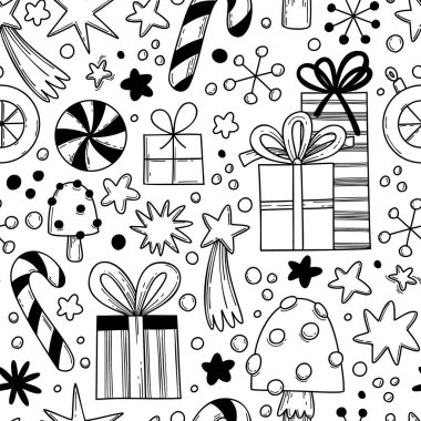 Hediye kutuları, yıldızlar, baston şekerler ve kartaneleri karalama tarzında olan şenlik desenleri. Şenlik temalı kusursuz bir geçmiş, Yeni Yıl, Noel, doğum günü.