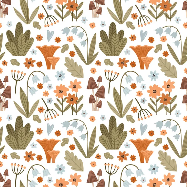 Fondo Sin Costuras Vectorial Con Flores Del Bosque Hierbas Setas — Archivo Imágenes Vectoriales