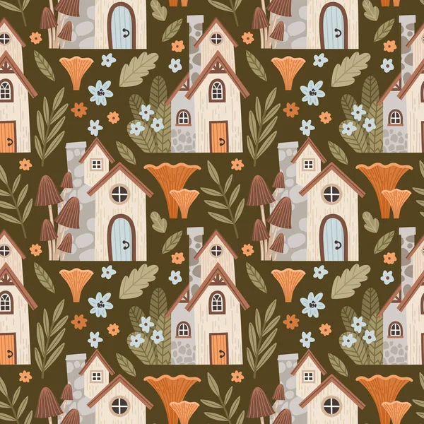 Vector seamless pattern with forest houses, mushrooms, herbs and flowers in cartoon style. Bright stylish background for kid's and home textiles, fabrics, wallpapers, wrapping paper, etc.