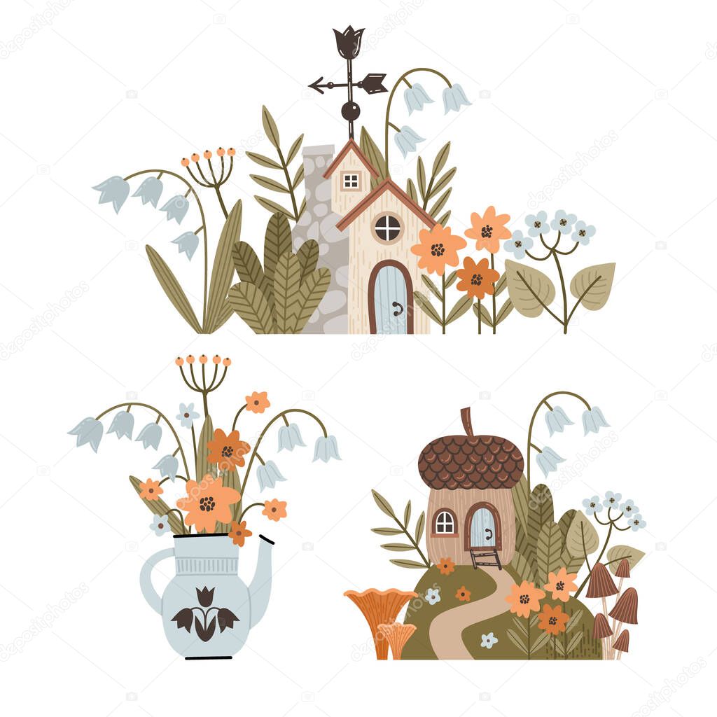Fairy garden gnomes, houses, flowers and berries magical elements collection. Vector illustration in cartoon style.