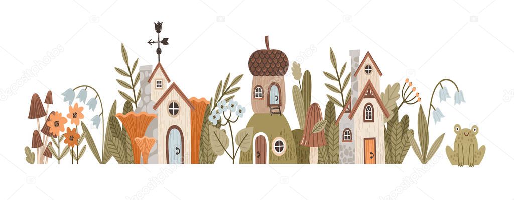 Vector illustration of a forest village with acorns, mushrooms, lilies of the valley and a frog. Horizontal illustration for nursery decor, banner, shop window, etc.