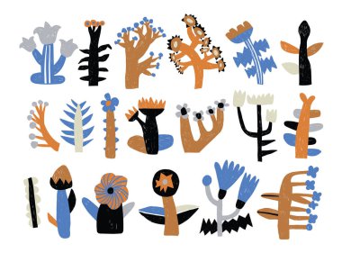 Geometrik tarzda şık minimalist çiçek koleksiyonu. Soyut biçimlendirilmiş bitki vektör çizimi.