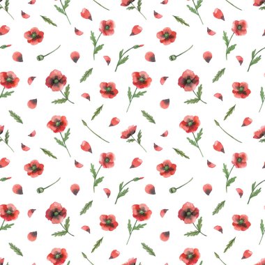 Kırmızı gelincik çiçekli suluboya desenli