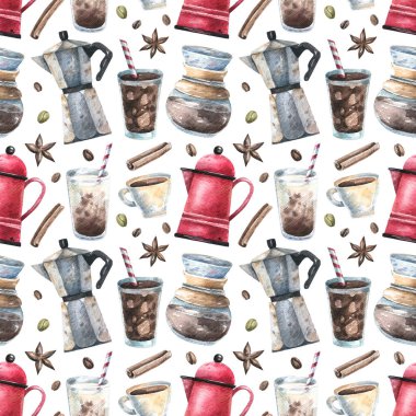 Kahve içecekleri, kahve çekirdekleri, fincanlar ve kahve demlikleri ile sulu boya desenleri. Menüler, ambalajlar, el ilanları, kumaşlar ve tekstil için kahve içecekleri ve mutfak gereçleri..