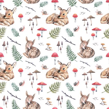 Geyikli suluboya orman arka planı, agarik sinek, beyaz arka planda eğreltiotu. Çocuk kumaşlarına, tekstil ürünlerine, duvar kağıdına, kağıdına baskı yapmak için orman estetiğiyle kusursuz desen..