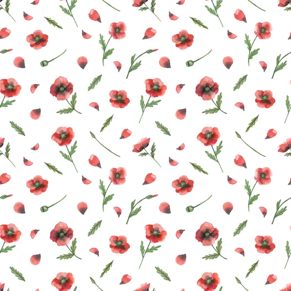 Watercolor Seamless Pattern Red Poppy Flowers — Stock Vector