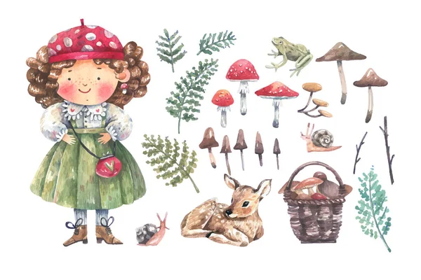 Girl Beret Fly Agaric Mushrooms Ferns Deer Frog Illustrations Isolated — Stock vektor