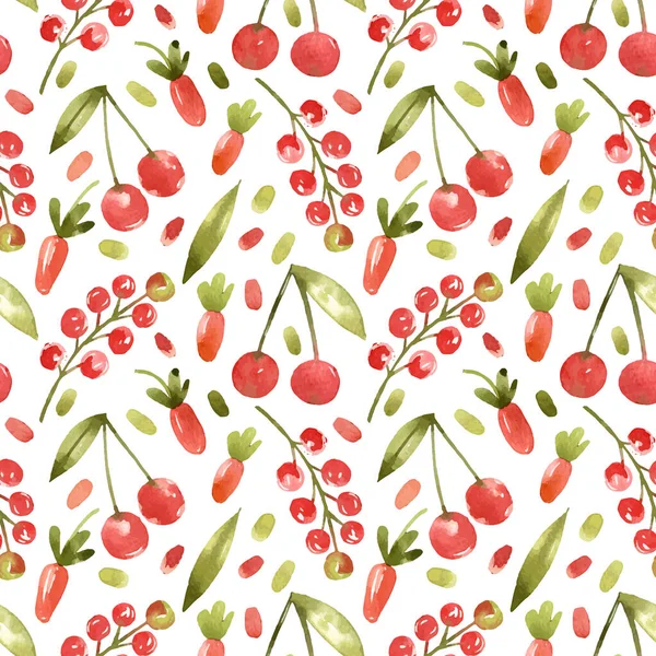 Patrón Sin Costuras Acuarela Con Cerezas Fresas Grosellas Rojas Sobre — Archivo Imágenes Vectoriales