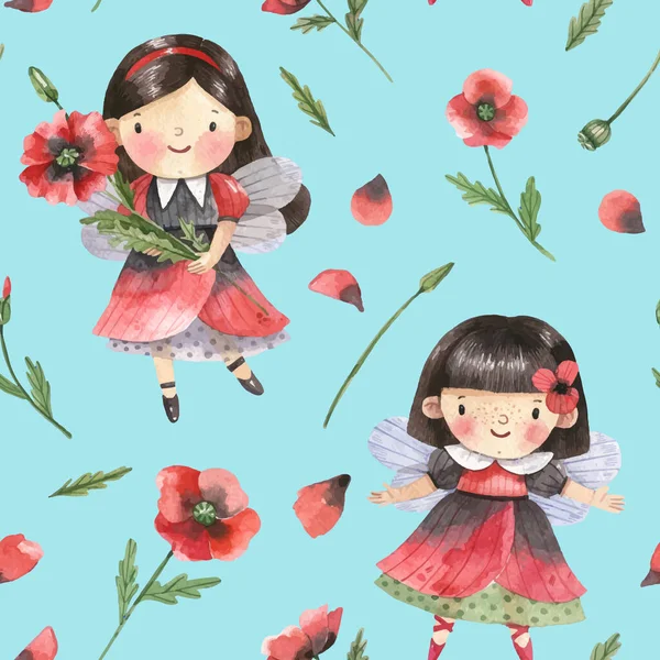 Akvarell Tecknad Bakgrund Med Älvor Röda Klänningar Och Vallmo Blommor — Stock vektor