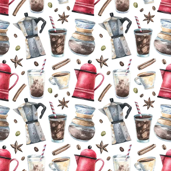 Watercolor Seamless Pattern Coffee Drinks Coffee Beans Cups Coffee Pots — Stock vektor