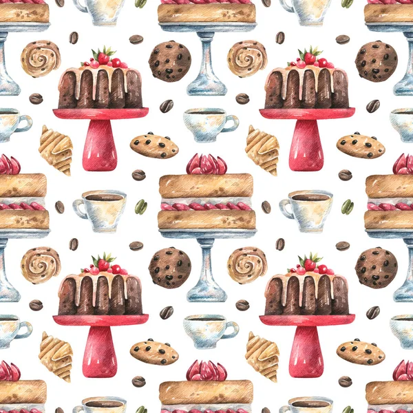 Watercolor Seamless Pattern Sweets Coffee Drinks Spices Background Hand Drawn — Stock vektor