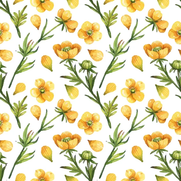 Watercolor Hand Painted Seamless Pattern Yellow Buttercup Flowers Floral Background — Stock Vector