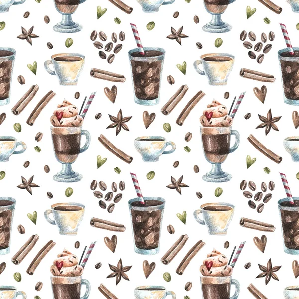 Nahtloses Muster Mit Gewürzen Zimt Anis Kaffee Schokolade Bonbons Bohnen — Stockvektor