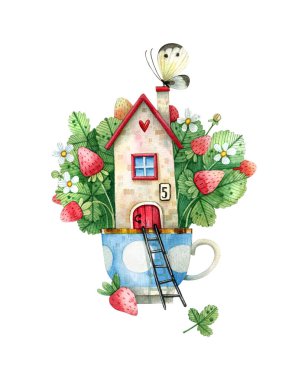 Çilek, kelebek ve bir fincan çilekli çayla dolu kırsal bir evde suluboya resimleme. Tatlı, çay, kartpostallar, davetiyeler, hatıra etiketleri için el yapımı tatlı bir ev. İzole edilmiş